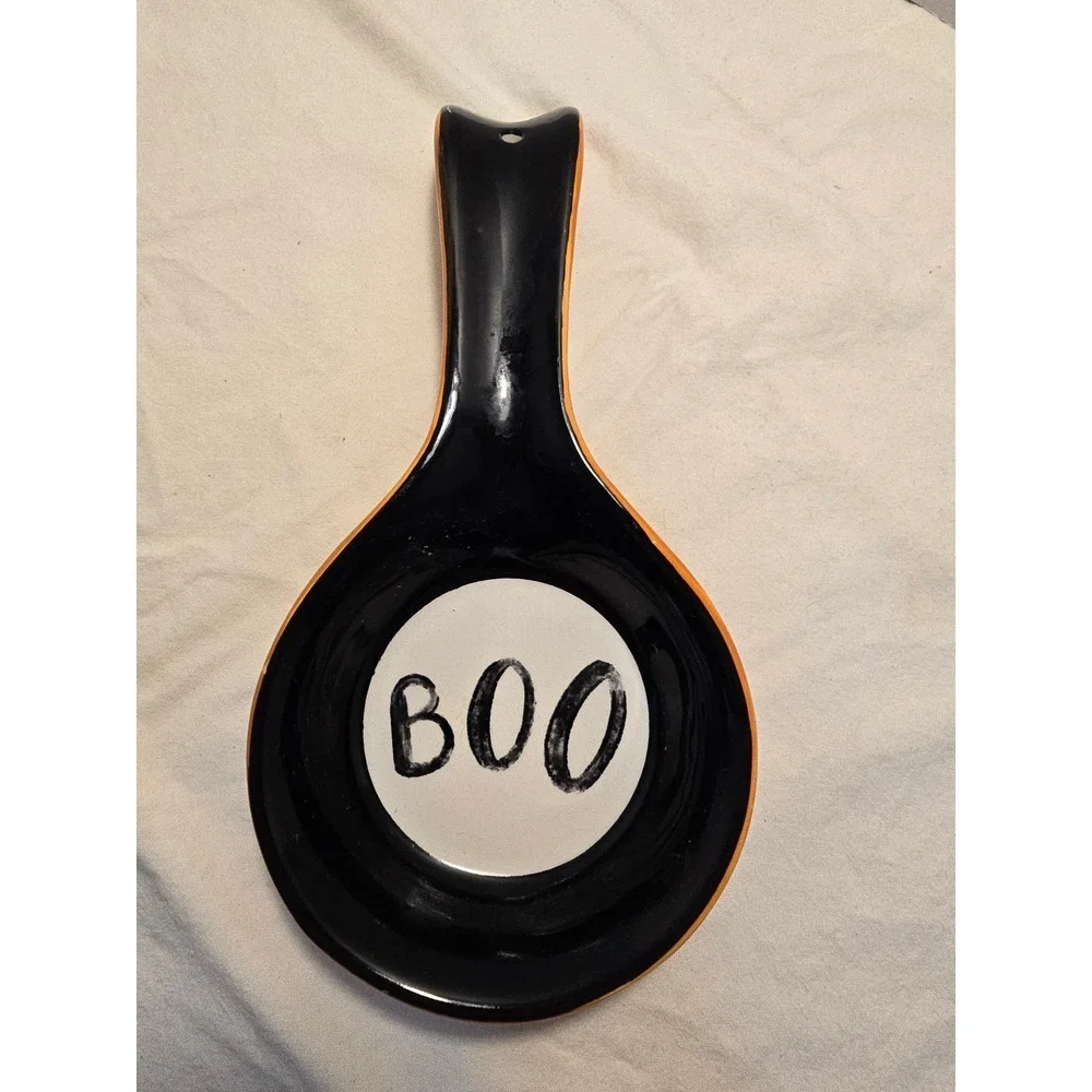 Terramoto Ceramic Halloween Boo Spoon Rest Black Orange White Glossy 9.5 Inch